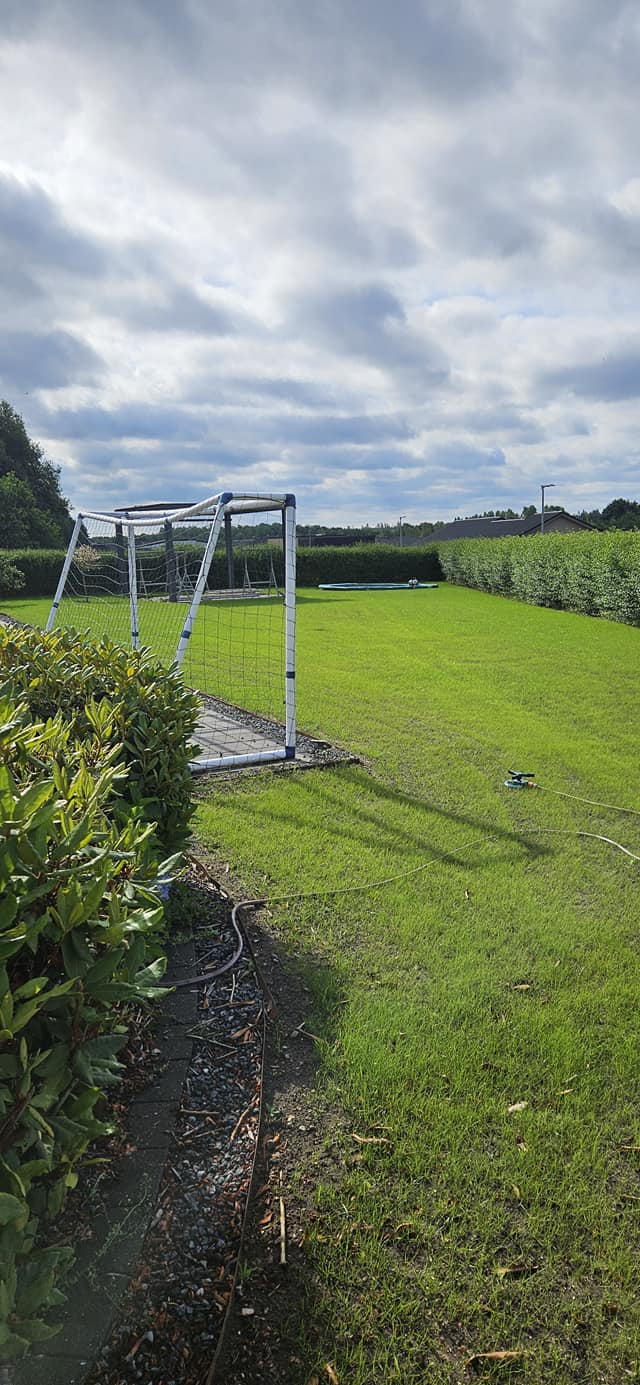 Velplejet græsplæne med fodboldmål, efter professionel græsanlægning og pleje.